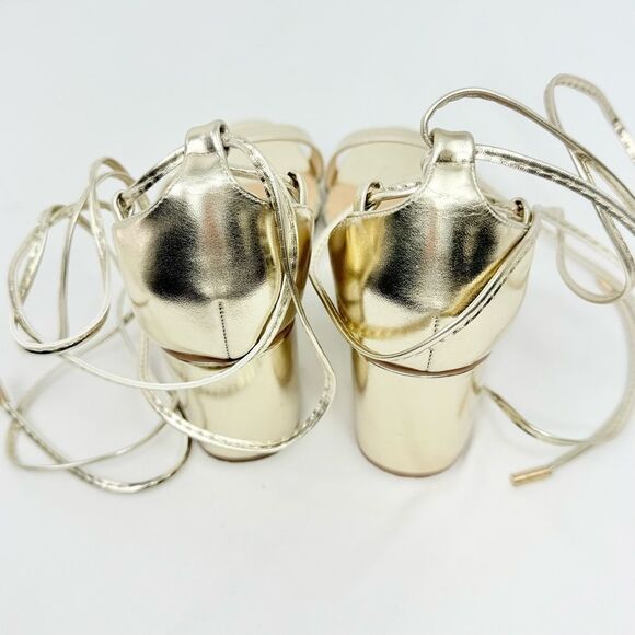 Lulus KAIRA Metallic Gold Open Toe Cord Wrap Ankle Tie Block Heel Sandals - Picture 12 of 16